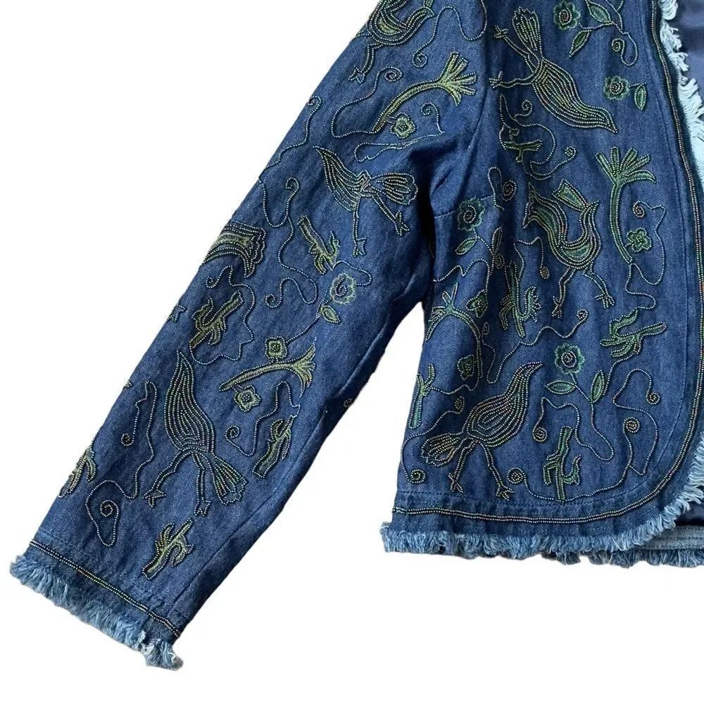 Double D Ranch Beaded Fringed Open Denim Jacket SMALL - Picture 8 of 16